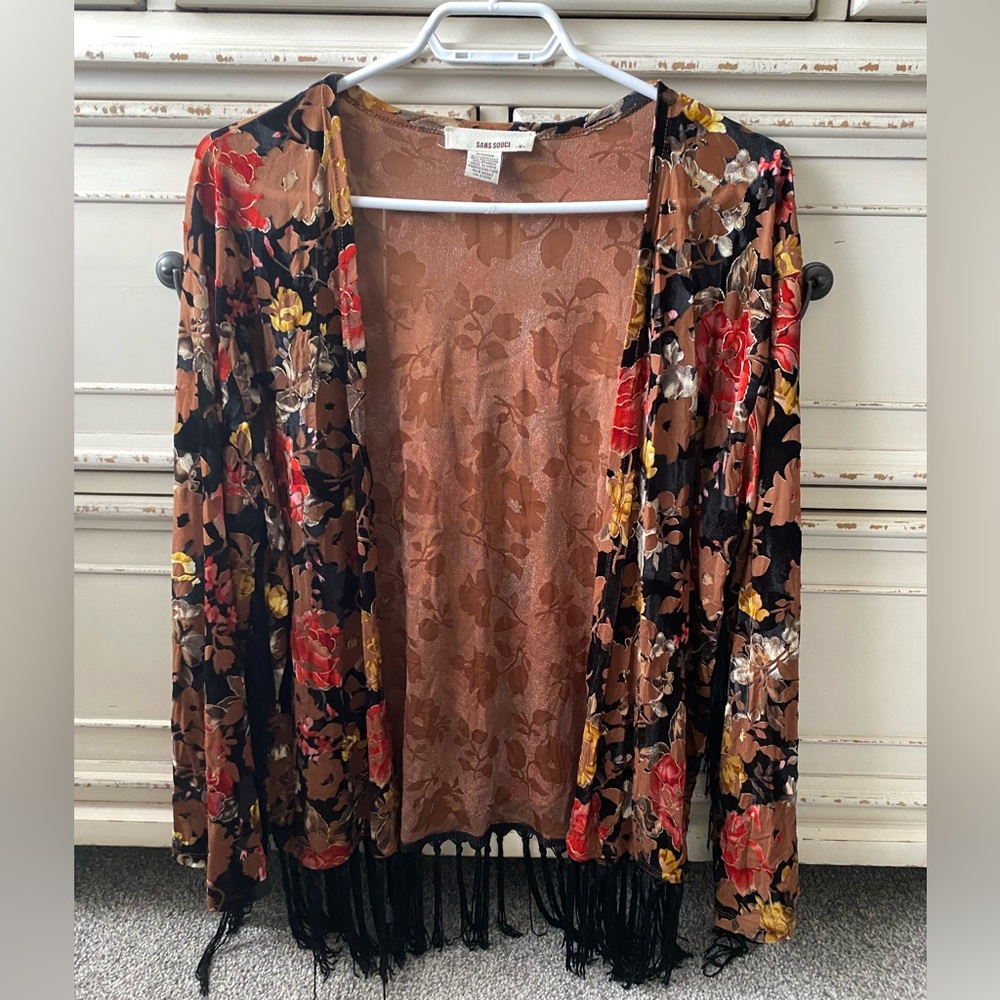 Hippie Boho Floral Fringe Kimono Cardigan (M)